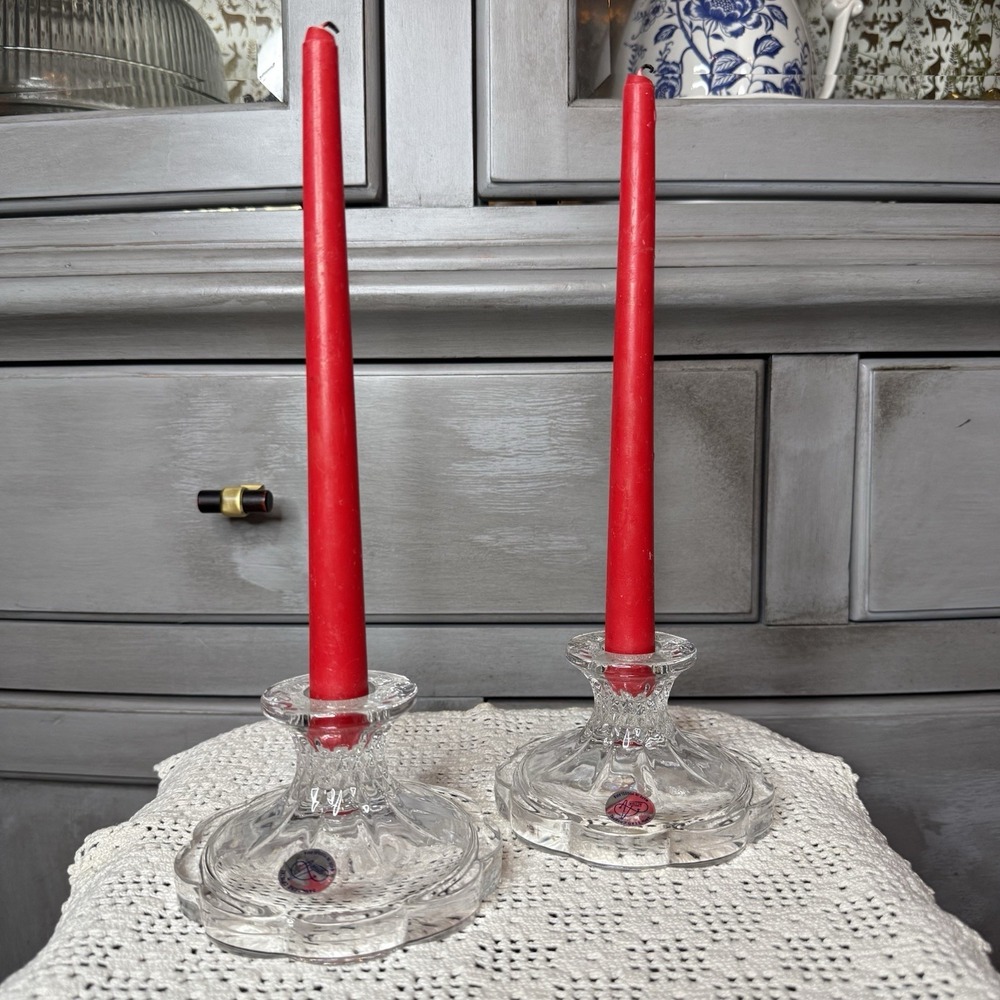 New Vintage Yugoslavia Lead Crystal Candle Stick Holder Set Scalloped Edge